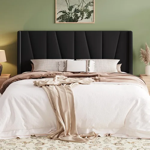 Miniatura 16 de Allewie Marco de Cama de Plataforma de Terciopelo Tamaño Queen con Cabecera Wingback Geométrica, Cama Tapizada Boho con Soporte de Listones de Negro