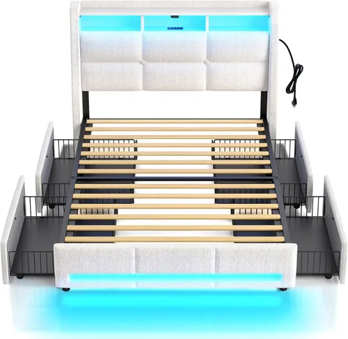 Miniatura 11 de Rolanstar Marco de cama tamaño twin con luces LED y estación de carga, cabecera de almacenamiento de cuero PU y cajones, listones de madera Negro