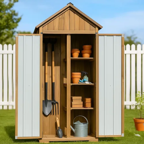 Miniatura 8 de Ketive Armario de almacenamiento para exteriores, cobertizo de almacenamiento de madera y metal con techo resistente a la intemperie, estante Negro