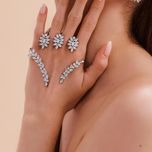 Miniatura 7 de Anillo único con diseño de hoja de circonita cúbica múltiple, anillo de dedo múltiple de plata, anillo de palma de mano, pulsera de joyería
