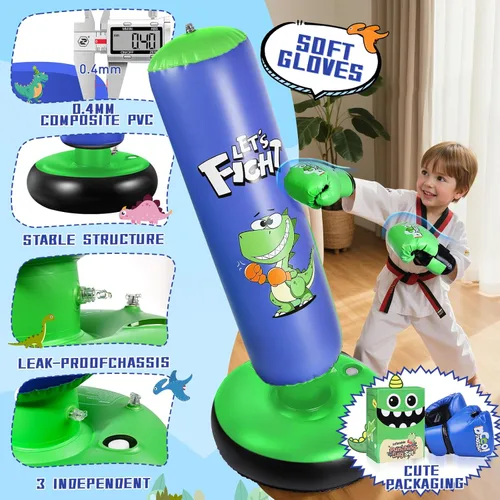 Miniatura 2 de Bolsa de boxeo inflable, bolsa de boxeo de 48" para niños con guantes de boxeo, juego de boxeo estable para karate, taekwondo, juguete de dinosaurio