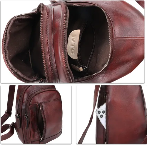 Miniatura 7 de IVTG Bolso bandolera de cuero genuino para mujeres y hombres, bolso cruzado de cuero, bolso de hombro para el pecho, mochila, Café, Mochilas Sling
