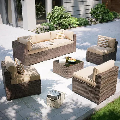 Miniatura 40 de Aoxun Juego de muebles de patio, 7 piezas de sofás seccionales para exteriores con funda impermeable, mimbre de ratán para exteriores, juego