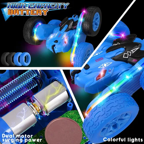 Miniatura 8 de Jimdella - Auto a control remoto con tira de luz lateral y faros, doble cara giratoria de 360 °, acrobacias todo terreno de 2.4 Ghz para edades de 4