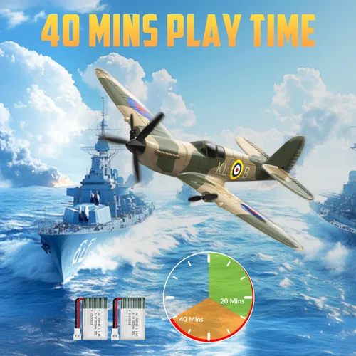 Miniatura 9 de HAWK'S WORK Avión RC Spitfire Fighter de 3 canales, Warbird de control remoto listo para volar, estabilizador giroscopio de 6 ejes de 2.4 GHz, fácil