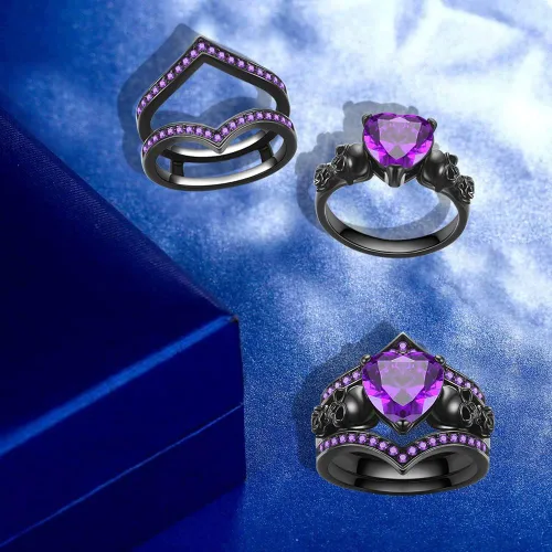 Miniatura 3 de Juego de anillos de compromiso góticos con diseño de calavera y rosa negra con forma de corazón, cristal de circón en forma de corazón, boda