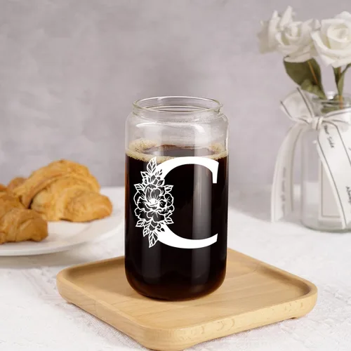 Miniatura 7 de Taza de Vidrio Inicial Coolife, Regalos Personalizados para Mujeres, Tazas de Vidrio de 16 oz con Tapas y Popotes, Vaso de Café Helado, Licuado