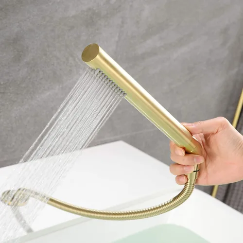 Miniatura 8 de sumerain Grifo de bañera romana de 3 agujeros con ducha de mano, llenador de bañera de cascada de una sola manija de alto flujo con acabado dorado