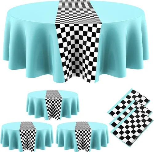 Miniatura 20 de Oudain 3 piezas de suministros para fiesta de cumpleaños de autos, decoraciones para fiestas de carreras, mantel redondo de carreras con bandera a