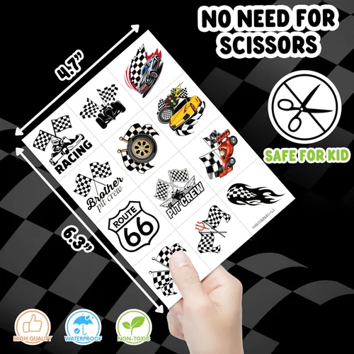 Miniatura 4 de 96 tatuajes temporales de autos de carreras para niños, tatuajes falsos con bandera a cuadros para niños, recuerdos de fiesta de cumpleaños, Normal
