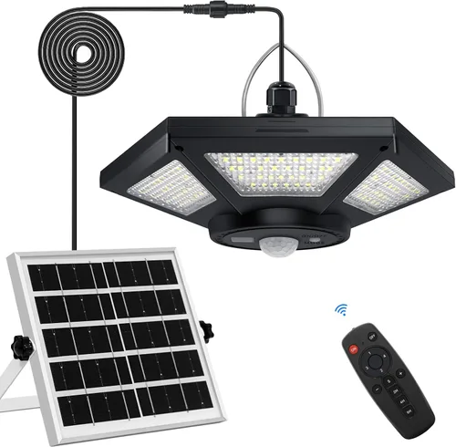 Miniatura 8 de Lámpara solar para cobertizo interior y exterior de 180 LED, lámpara colgante de doble cabezal alimentada por energía solar, luces de trabajo Negro