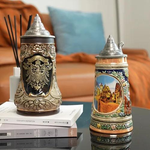 Miniatura 4 de Taza de cerveza alemana Oktoberfest Bávara Frankfurt Viking Tankard con tapa Petwer para hombres, padre amante de la cerveza, 0.6 litros