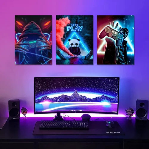 Miniatura 5 de Lienzo enmarcado de 3 piezas para sala de juegos, arte decorativo de pared, lienzo de videojuegos, lienzo de neón, impresión de póster para niños