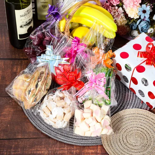 Miniatura 7 de HESTYA 50 bolsas de celofán de fondo plano transparente con 60 lazos de mariposa para cumpleaños, bodas, fiestas