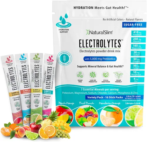 NaturalSlim Mezcla de hidratación y bebida energética con prebióticos, apoyo para la salud intestinal, paquetes de electrolitos en polvo sin azúcar,
