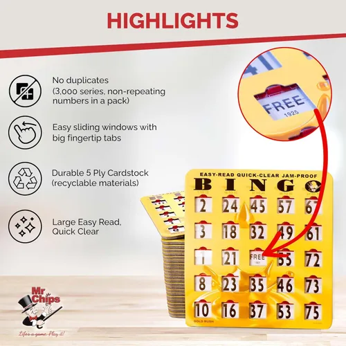 Miniatura 4 de MR CHIPS Tarjetas de bingo a prueba de atascos con ventanas deslizantes, 50 tarjetas de obturador reutilizables, 75 tarjetas de llamadas, 1 tablero