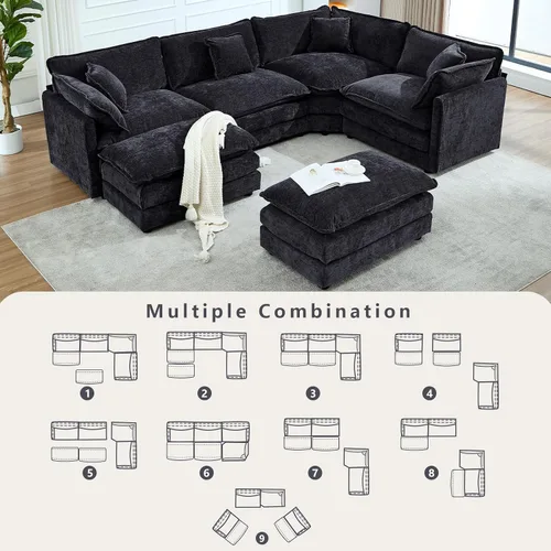 Miniatura 3 de Sofá seccional modular en forma de U, sofá esquinero de chenilla de gran tamaño, cómodo sofá nube con otomana chaise, sofás seccionales modernos
