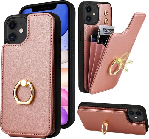 Miniatura 10 de Funda compatible con iPhone 11 con tarjetero y soporte para tarjetas, soporte de anillo de dedo de rotación de 360º, función atril, protección RFID