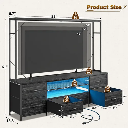 Miniatura 3 de Romorgniz Centro de entretenimiento de 55 pulgadas de ancho con luces LED y tomas de corriente, soporte de TV con 6 cajones para TV de 55/60 Negro