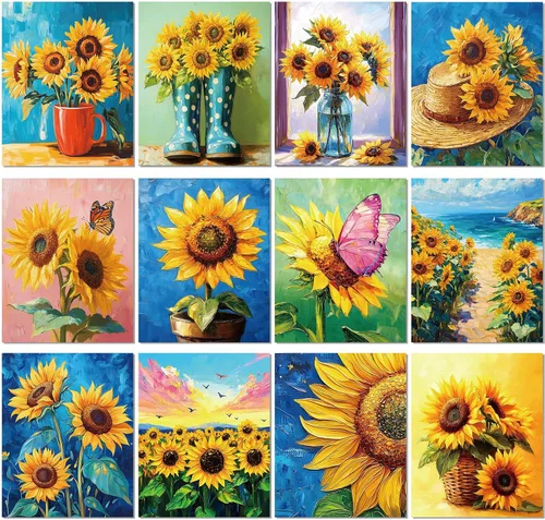 Engrowtic 12 lienzos predibujados de flores de girasol de 8 x 10 pulgadas para pintar, lienzos preimpresos, para mujeres, pintura, arte, fiesta,