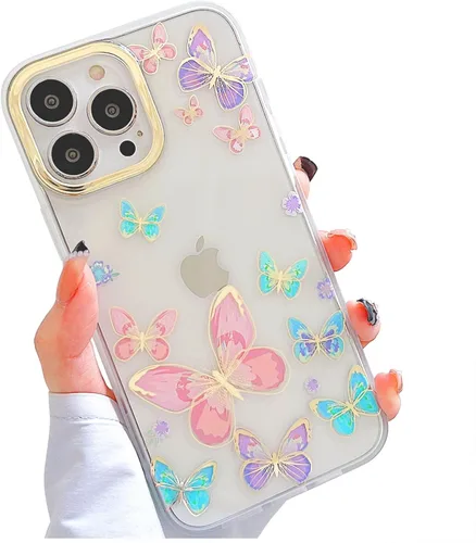 Miniatura 16 de Funda transparente con chispas brillantes para iPhone 15 Pro Max para mujeres y niñas, patrón de mariposas doradas, rosa y azul, funda protectora