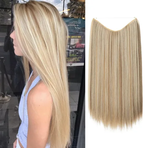 Miniatura 25 de SARLA Extensiones de cabello con alambre invisible de reflejos cortos rectas postizos sintéticos diadema transparente ajustable para mujeres 14
