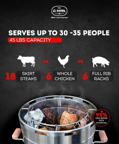 Miniatura 4 de El Barril Lite Parrilla Ahumadora de Barril Grande, Acero Inoxidable 430, Capacidad de 45 Libras, 14 Ganchos para Carne, Parrilla Superior y Mango