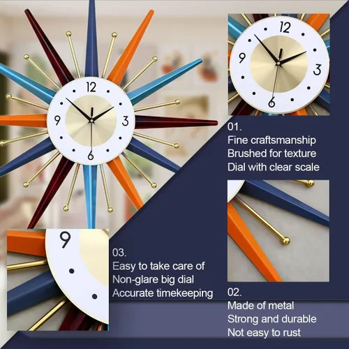 Miniatura 5 de FIELDY Reloj de pared grande de 31 pulgadas con estilo de mediados de siglo, reloj de pared con diseño de estrella, sin tictac, reloj de pared 3D