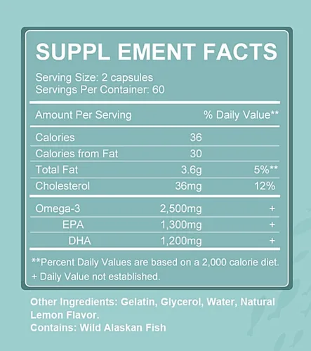 Miniatura 5 de Aceite de pescado salvaje de Alaska de triple fuerza, Omega-3 2500 mg, EPA 1,300 mg + DHA 1,200 mg, suplemento para la salud del corazón, el cerebro