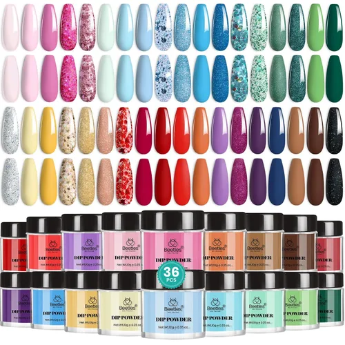 Miniatura 15 de Beetles - Kit de iniciación de uñas en polvo de inmersión, 20 colores, pastel, nude, azul, rosa, purpurina, 36 piezas, juego de polvos de inmersión