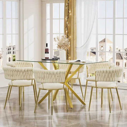 Miniatura 26 de Juego de mesa de comedor de cristal negro de 47 pulgadas para 4, juego de mesa de cocina minimalista moderno y 4 sillas de comedor de terciopelo