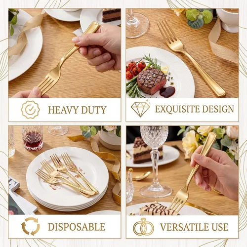 Miniatura 9 de WDF 100 tenedores de plástico dorado – Tenedores resistentes y duraderos desechables de 7.4 pulgadas – Elegantes tenedores dorados para postre