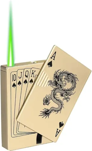 Miniatura 8 de Encendedor de antorcha de chorro, Ace Card Green Flame Lighter, diseño de póker de metal, resistente al viento, recargable, butano, encendedor