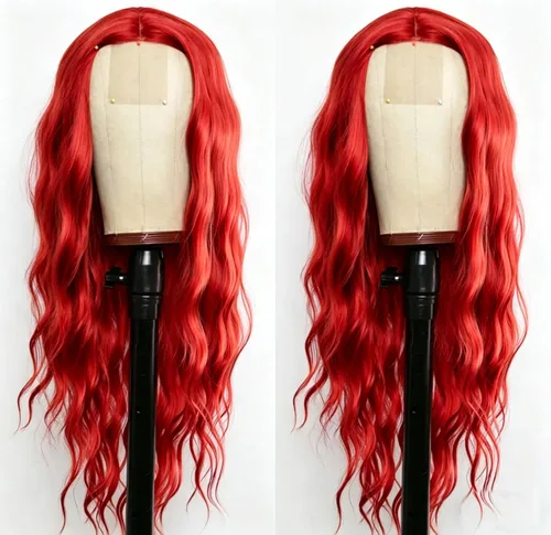 Miniatura 4 de Peluca de cabello sintético ondulado rojo con raya en el medio, peluca de encaje ondulado natural rojo de 24 pulgadas para mujer, para uso diario