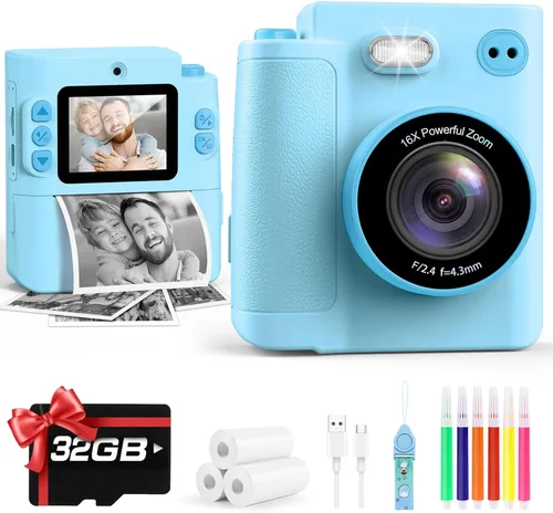 Cámara para niños Impresión instantánea: Juguetes para niños y niñas, cámara digital que imprime fotos, regalo de cumpleaños de doble lente para