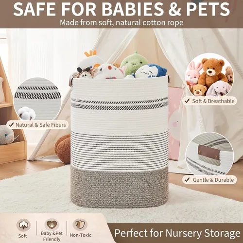 Miniatura 8 de AINUOQI Cesta de lavandería – Cesta alta de cuerda tejida para ropa sucia – Cesta de ropa con asas de cuero, 17 x 13.8 x 22 pulgadas, cesta de Arroz