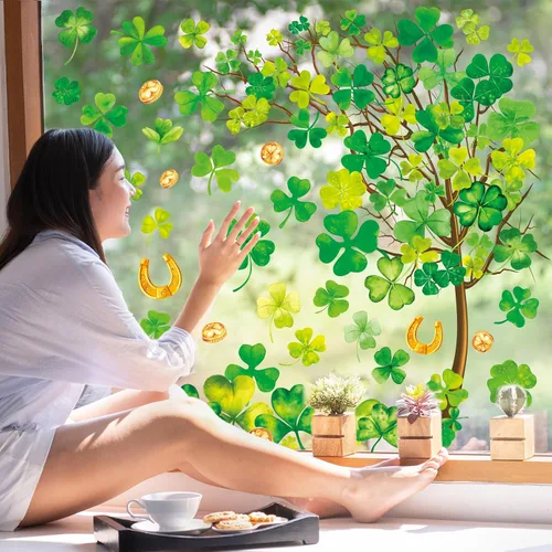 Miniatura 3 de Whaline 6 hojas de adhesivos para ventana del día de San Patricio - Grandes calcomanías de árbol de trébol en acuarela, decoración irlandesa doble