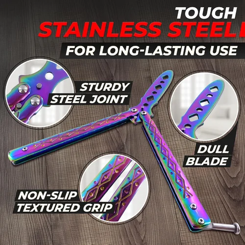 Miniatura 3 de Rainbow - Cuchillo de mariposa de práctica de 8.2 pulgadas con hoja embotada, cuchillo de mariposa de entrenamiento de metal con asas fuertes