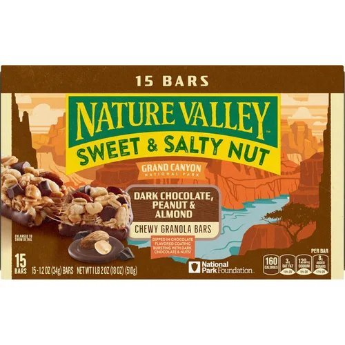 Miniatura 3 de Nature Valley Barras de granola de nueces dulces y saladas, chocolate oscuro y almendra, 15 barras, 18 onzas