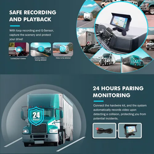 Miniatura 7 de VSYSTO Truck Carplay, 5 "pantalla táctil WiFi 3CH Truck Dash Cam, navegación GPS, Monitoreo de estacionamiento, Cámaras frontal e izquierda