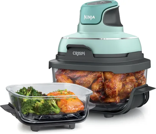 Ninja Crispi Sistema de Freidora de Aire de Vidrio Portátil 4 en 1, Contenedores de Vidrio de 4 QT y 6 Tazas con Tapas de Almacenamiento, Comidas