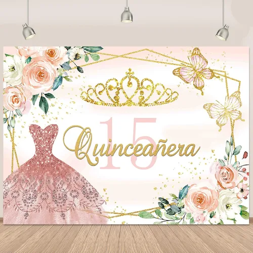Miniatura 8 de Telón de fondo de quinceañera para cumpleaños número 15, vestido de princesa rosa, telón de fondo de quinceañera para niña dulce, corona dorada