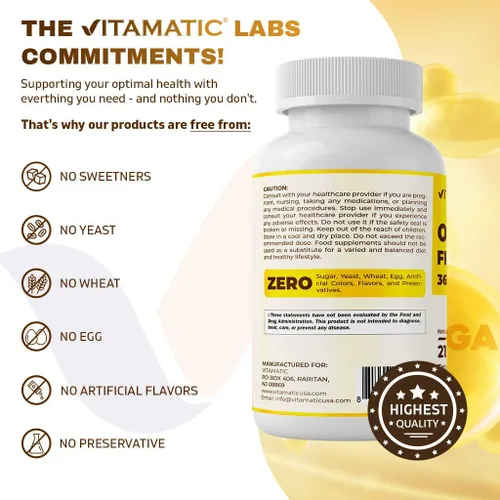 Miniatura 4 de Vitamatic Aceite de pescado Omega 3 de triple fuerza, 3600 mg por porción, 2160 mg de ácidos grasos Omega 3, 1296 mg de EPA + 864 mg de DHA, sabor a