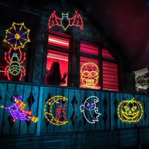 Miniatura 7 de Decoraciones de Luces de Siluetas para Ventana de Halloween de 16" - Paquete de 6 Colores Iluminados Gato en Luna y Fantasma y Telaraña y Calabaza
