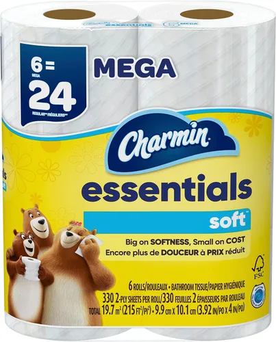 Miniatura 8 de Charmin Essentials - Papel higiénico suave, 6 mega rollos, 330 hojas por rollo