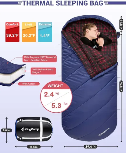 Miniatura 3 de KingCamp Sleeping Bag for Adults Big and Tall, Cold Weather Camping Sleeping Bag with Soft 100% Cotton Flannel Lining, Portable Lightweight Outdoor