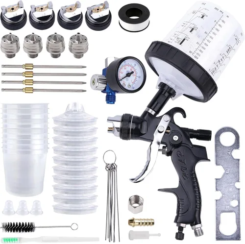Miniatura 9 de Pistola de pulverización HVLP con 10 tazas desechables de pintura de 600ML, 4 boquillas, 1.4/1.7/2.0/2.5mm, kit de pistola de pintura de Negro