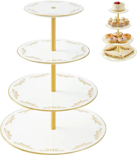 Miniatura 12 de DUJUST Torre de porcelana de lujo de 2 niveles para cupcakes, bandeja de servir estilo británico con borde dorado, soporte de exhibición de postres
