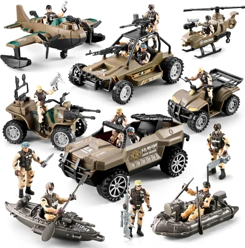 Juguetes de Soldaditos 56 en 1 para Niños 4-7 6-8 8-12, Camión Militar/Helicóptero/Bote Kayak/Motocicleta/Figuras de Acción de Soldaditos/Equipos de