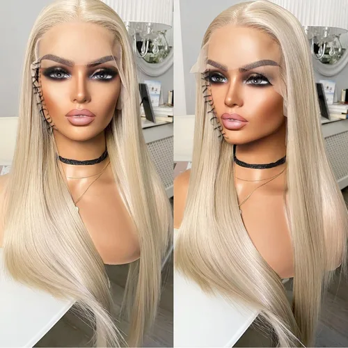Miniatura 2 de Peluca con encaje frontal rubia ceniza, de 22 pulgadas de largo cabello sintético lacio, línea capilar prerasgueada, fácil de instalar, ligera